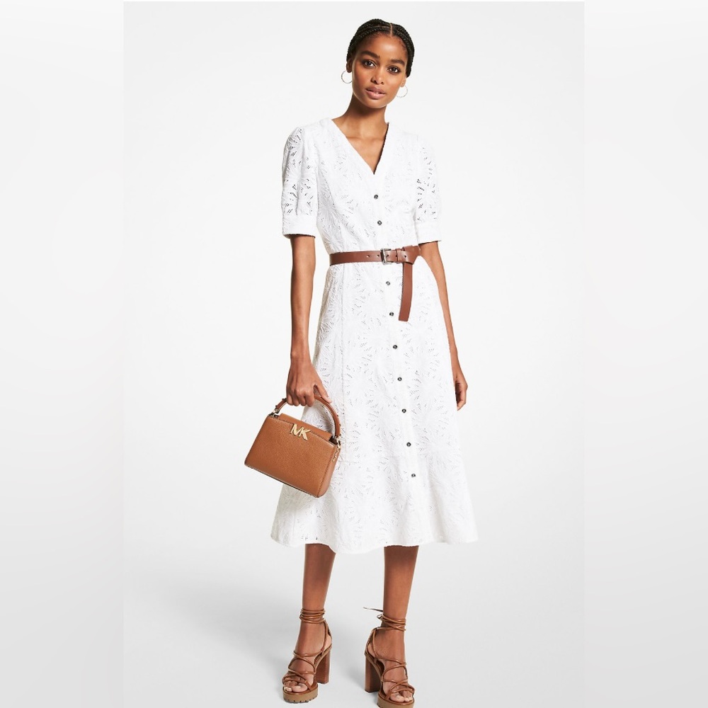 Michael Kors belted button down white eyelet midi dress